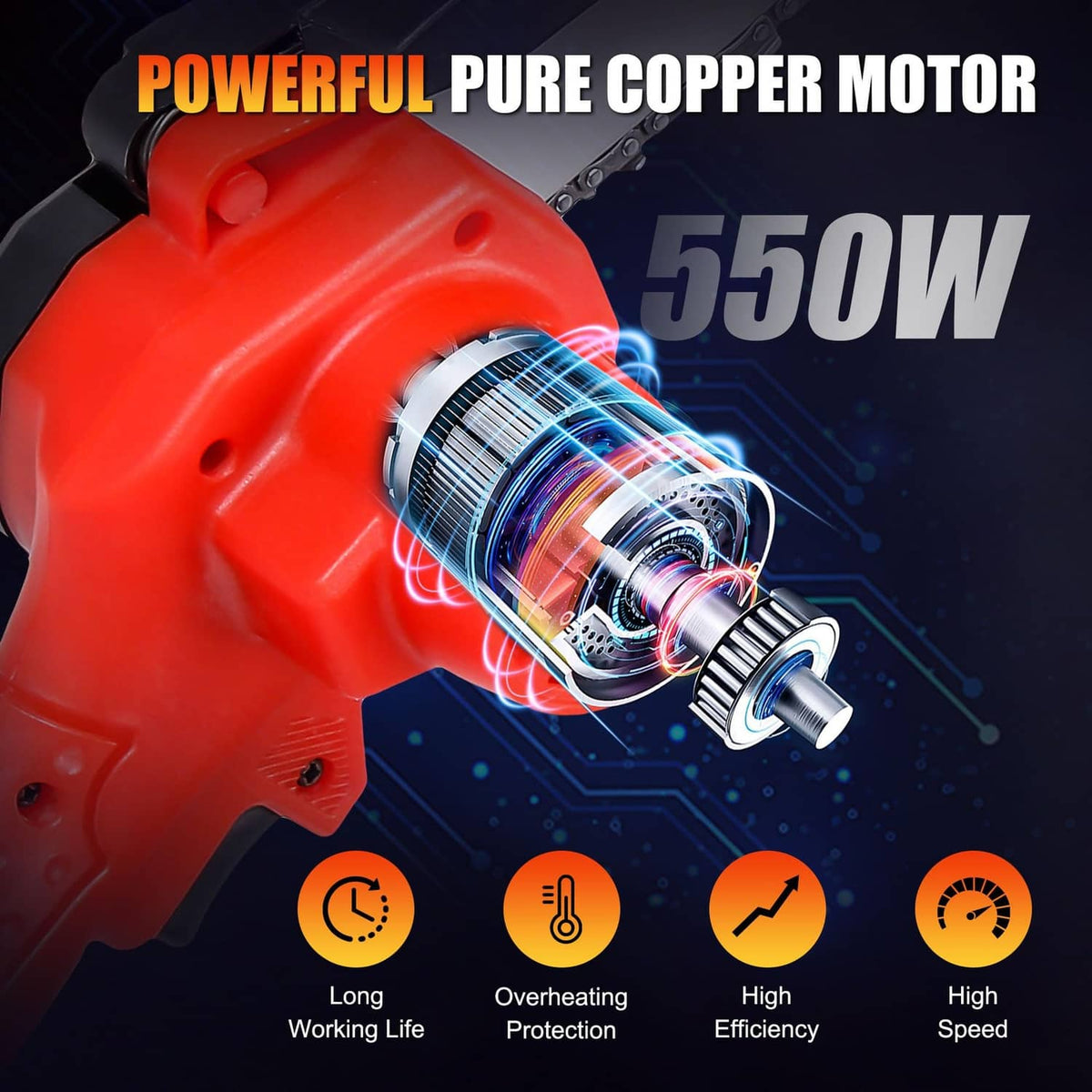 Mini cordless chainsaw motor housing with 550W airflow fan and copper-style coil