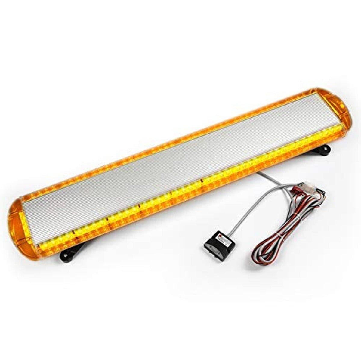 Amber LED roof strobe light bar with clear endcaps and side wiring harness, low profile