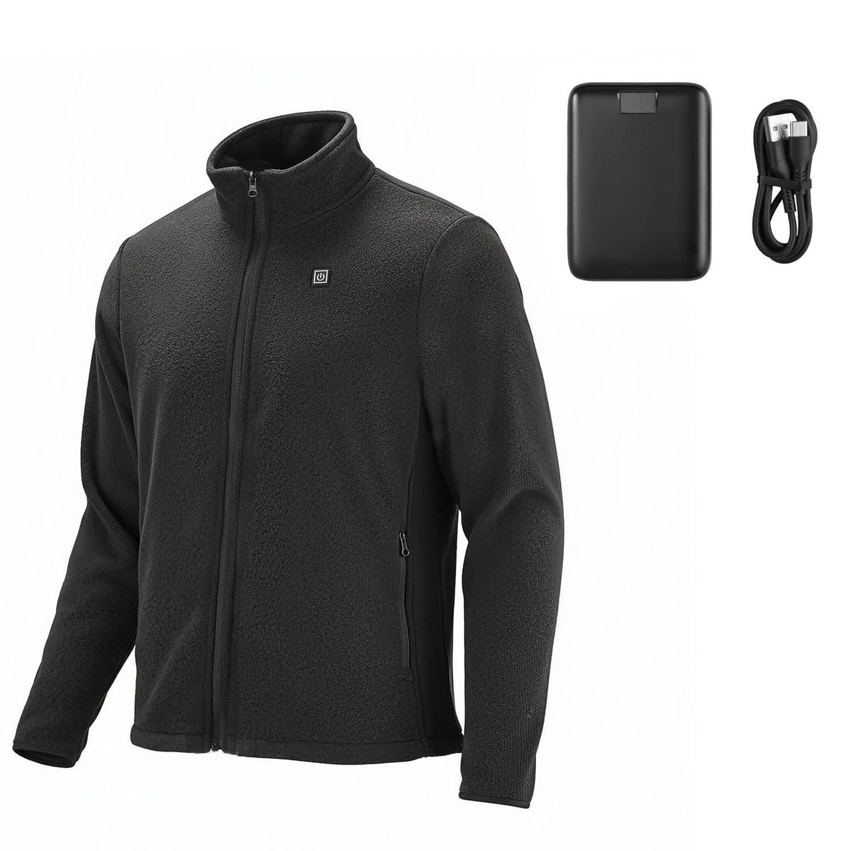 Black heated fleece jacket with full front zipper and stand collar