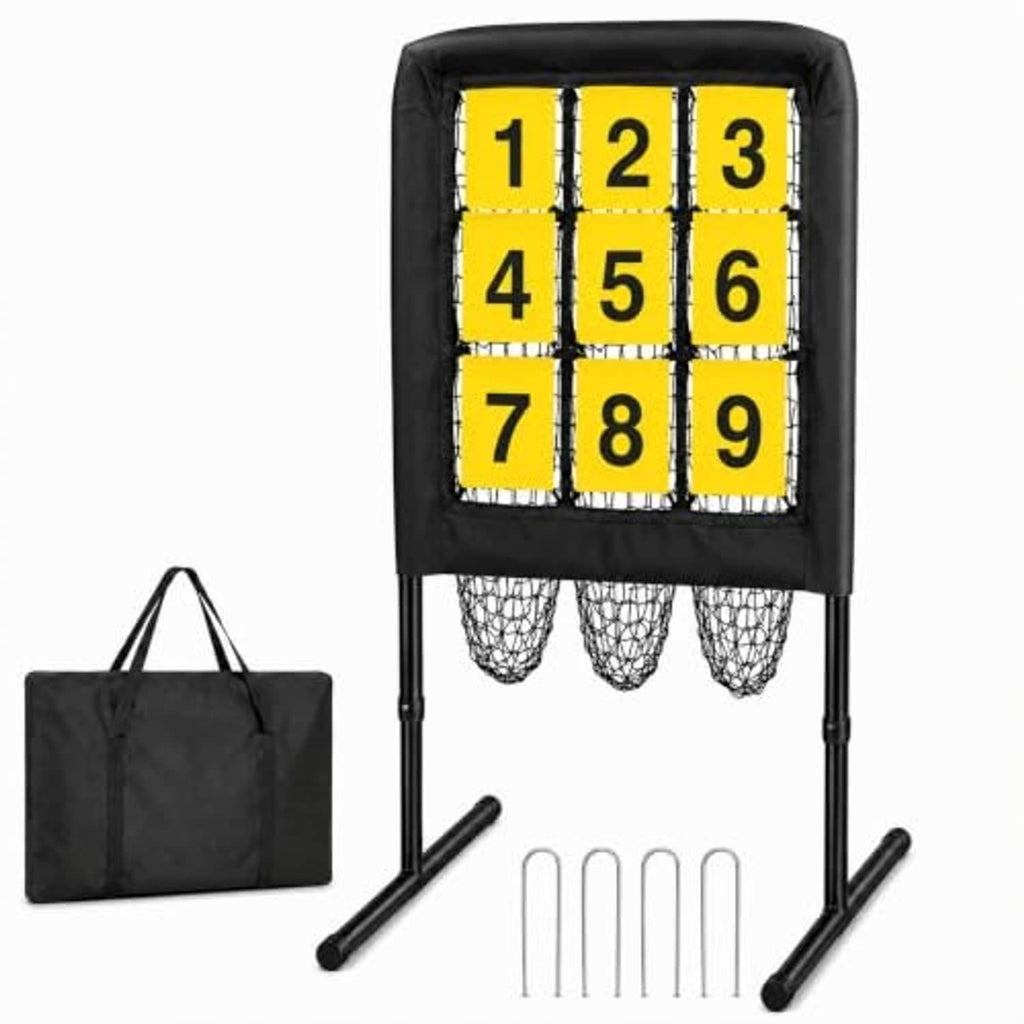 Standing pitching target net with yellow numbered 3x3 grid and hanging pockets