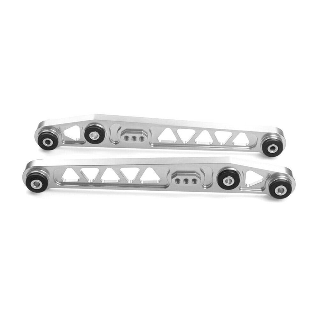 Pair of rear control arm brace tie bars with triangular cutouts and black bushings, silver