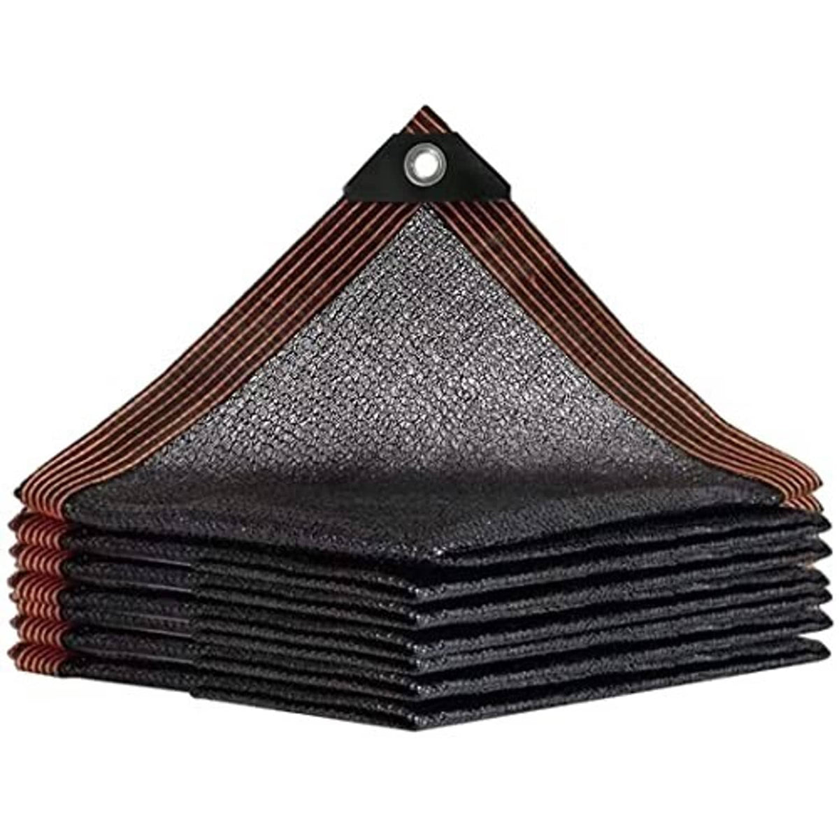 Folded dark gray shade cloth sheet with brown trim and reinforced grommet corner