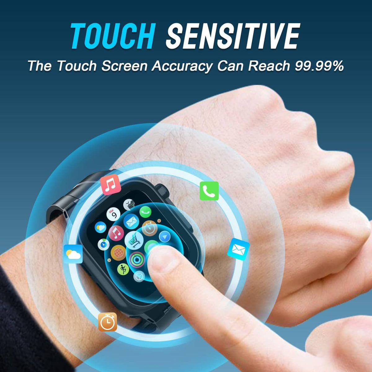 Black waterproof watch case with touchscreen cover fitted on wrist