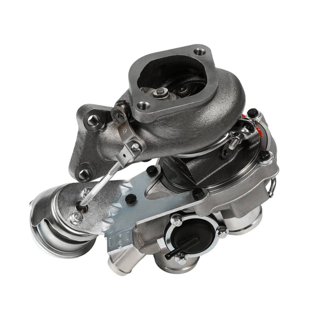 Turbocharger assembly with black compressor cover, silver housing, and side outlet