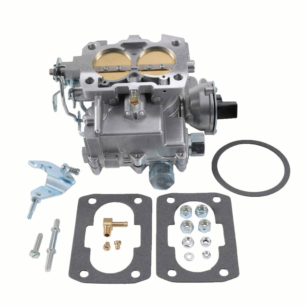 Marine carburetor with gasket kit, long linkage, and mounting hardware—silver and black parts.