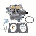 Marine carburetor with gasket kit, long linkage, and mounting hardware—silver and black parts.