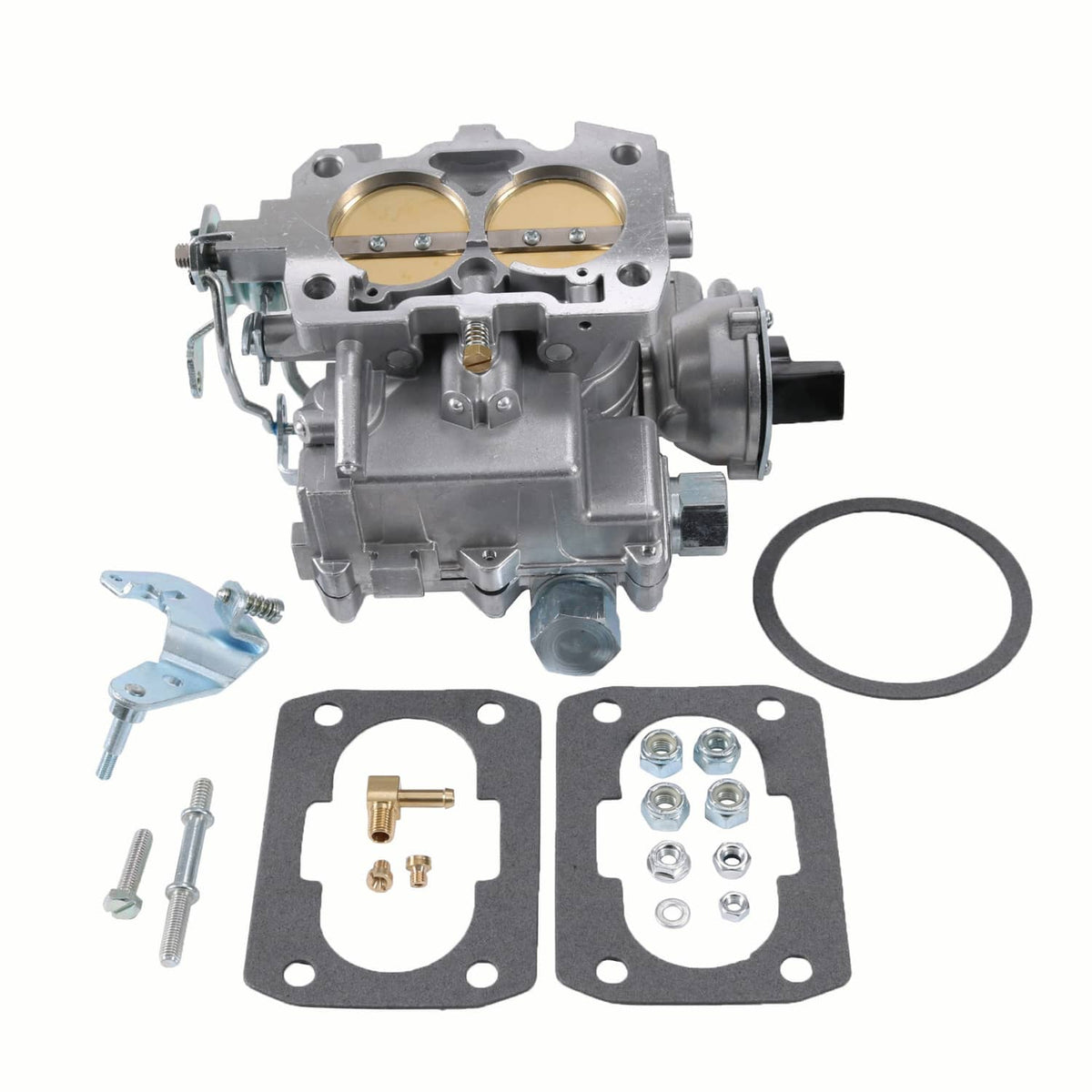 Marine carburetor with gasket kit, long linkage, and mounting hardware—silver and black parts.