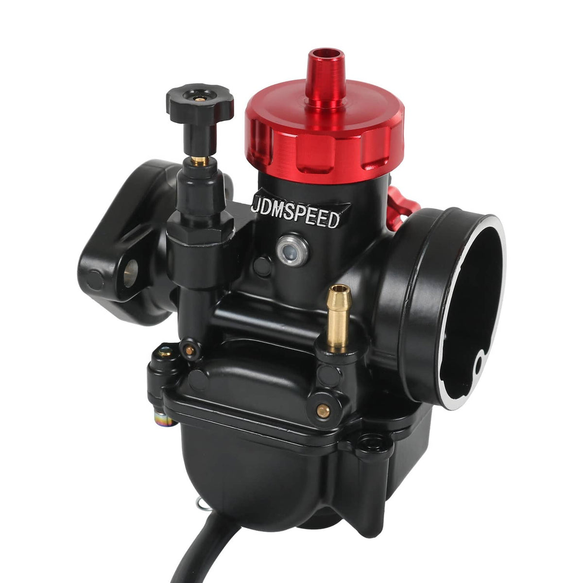 Carburetor with red cap and black body, flange intake opening and fuel outlet fitting