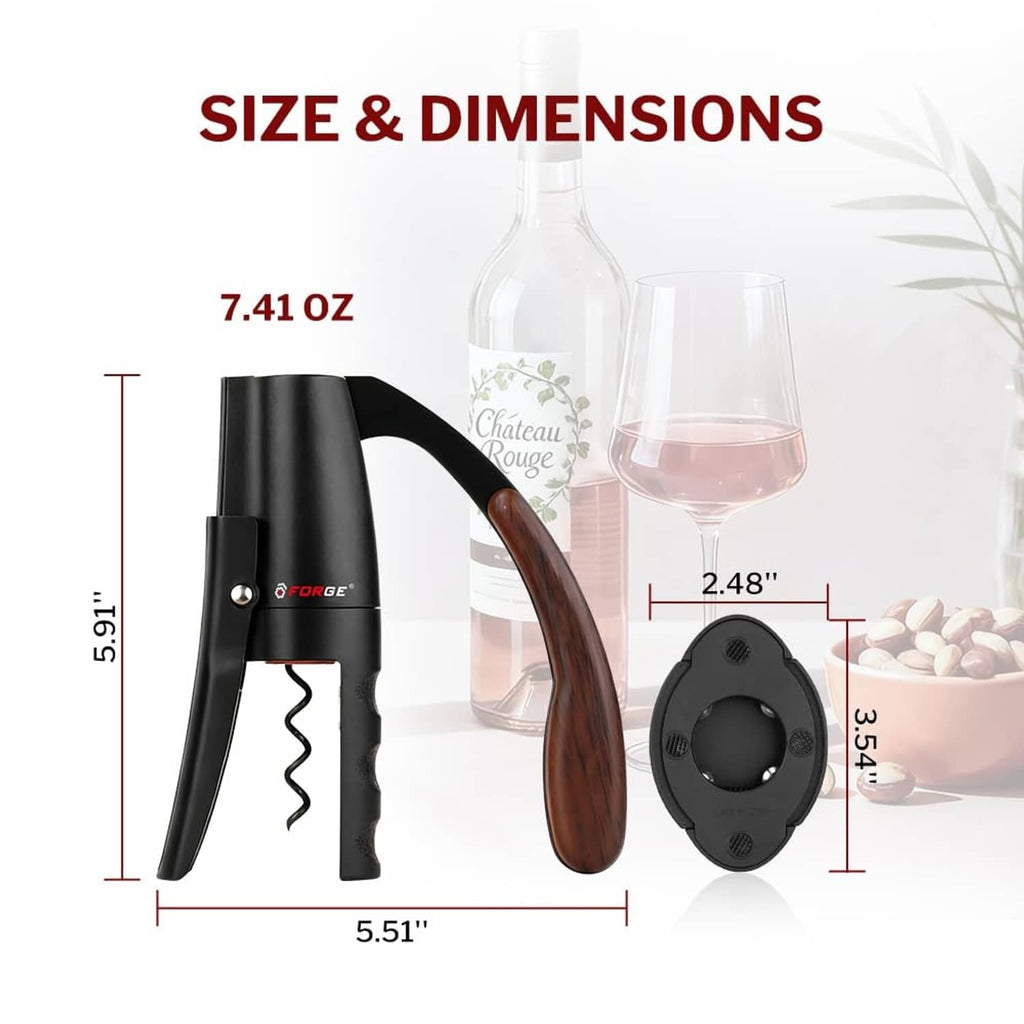 Compact black lever wine opener with brown wooden handle and corkscrew base