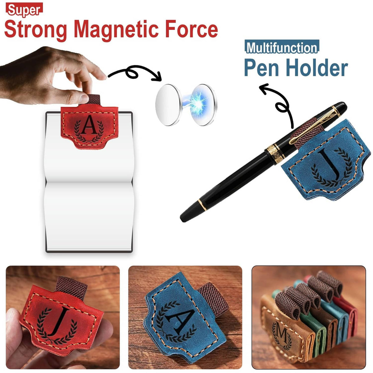 Leather magnetic bookmark with pen holder, red stitched letter A patch
