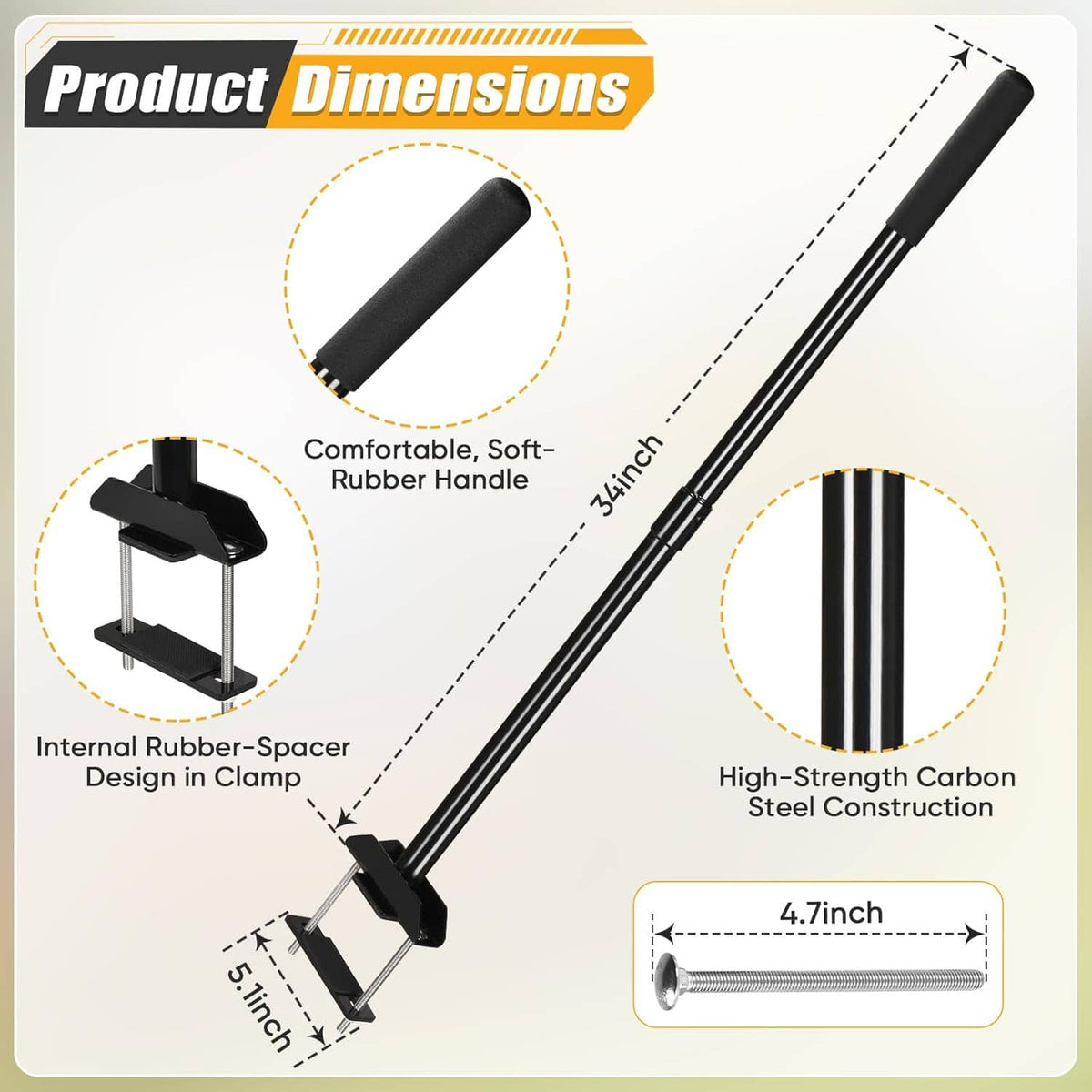 Adjustable mower assist handle with padded rubber grip and long black support pole