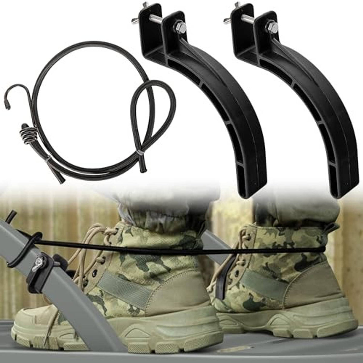 Pair of black stirrup brackets with elastic rope loop and rope hook, climbing stand kit