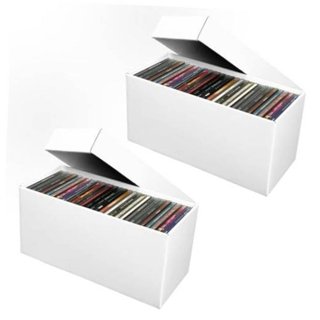 White cardboard CD storage box set, two lidded cases holding stacked CD cases inside