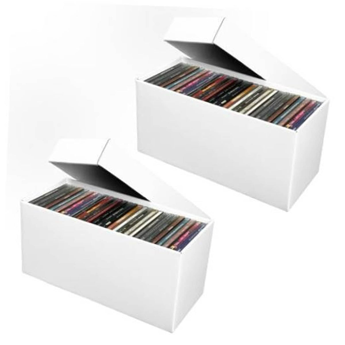 White cardboard CD storage box set, two lidded cases holding stacked CD cases inside