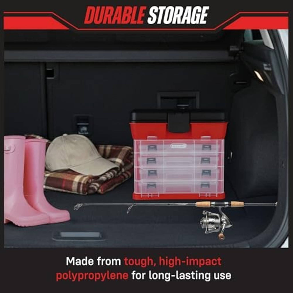 Red tool storage box with clear multi-drawer inserts and black lid in vehicle trunk