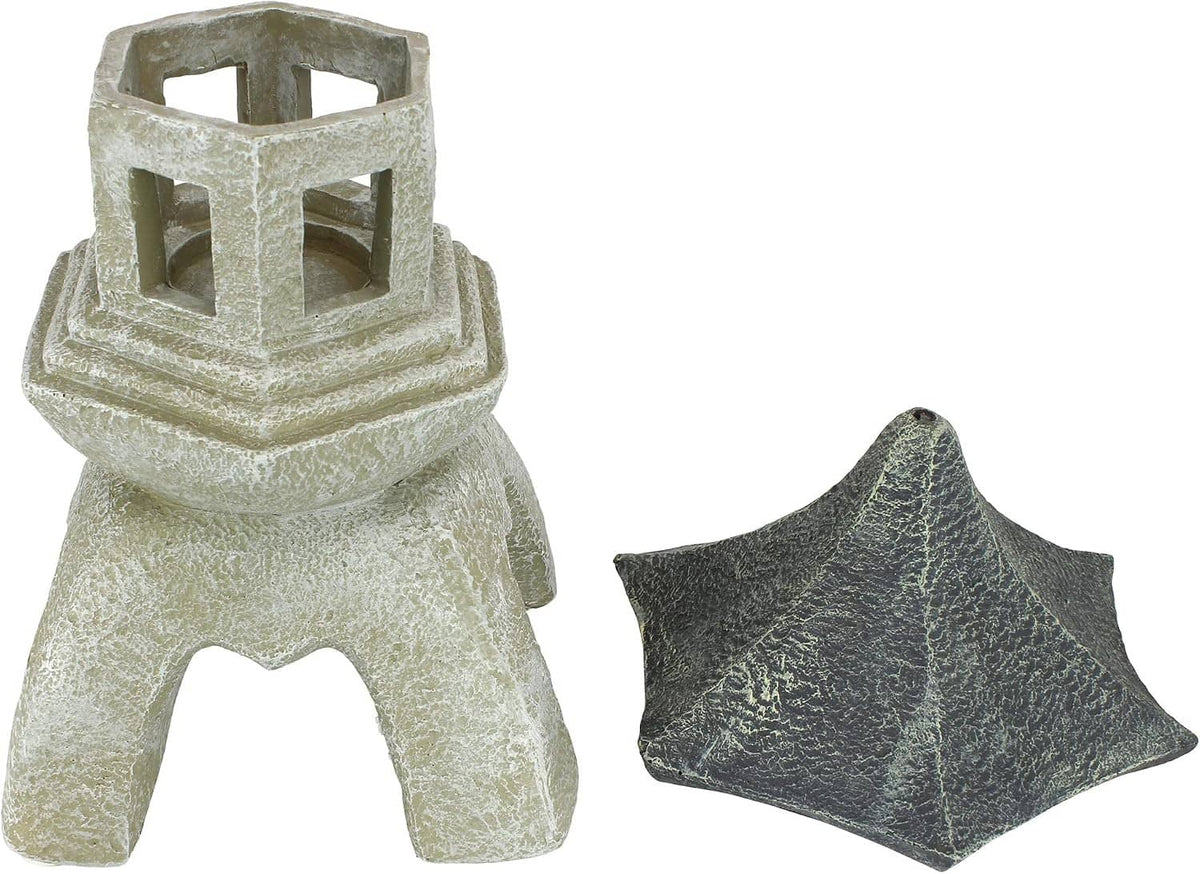Set of 2 large cast stone pagoda lantern statues, angled views with roof and window cutouts