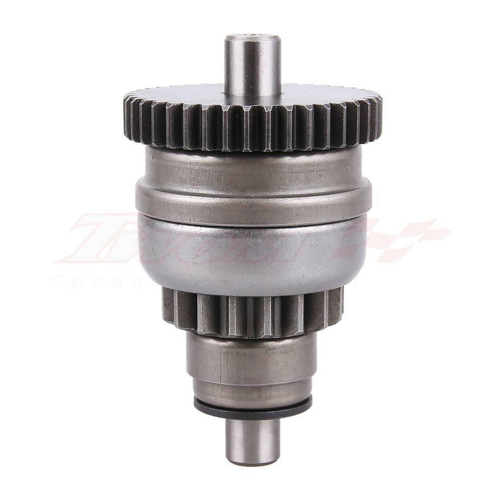 Recoil starter drive gear with splined shaft end and metal housing