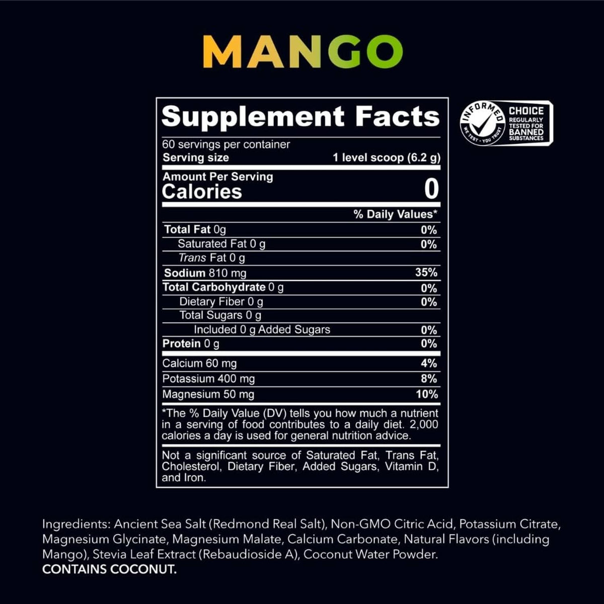 Mango Supplement Facts label with serving size, calories, and electrolyte % DV