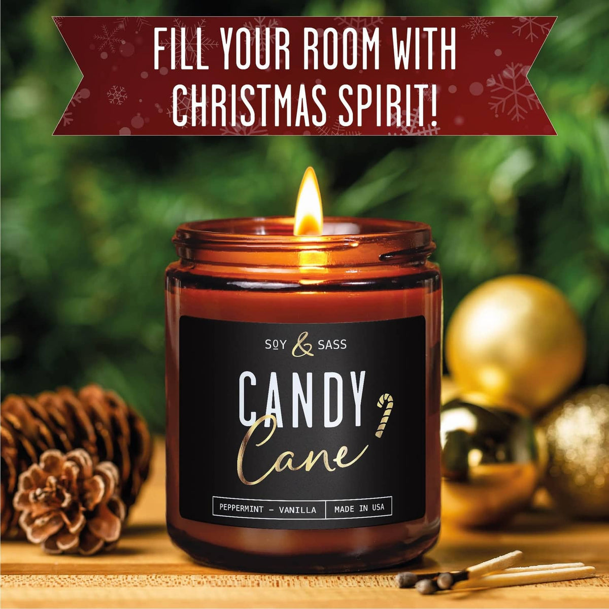 Amber glass “Candy Cane” candle jar with open flame, soy & sass label in room decor