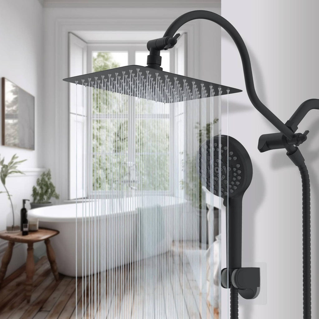 Matte black square rainfall shower head with handheld sprayer and hose connection