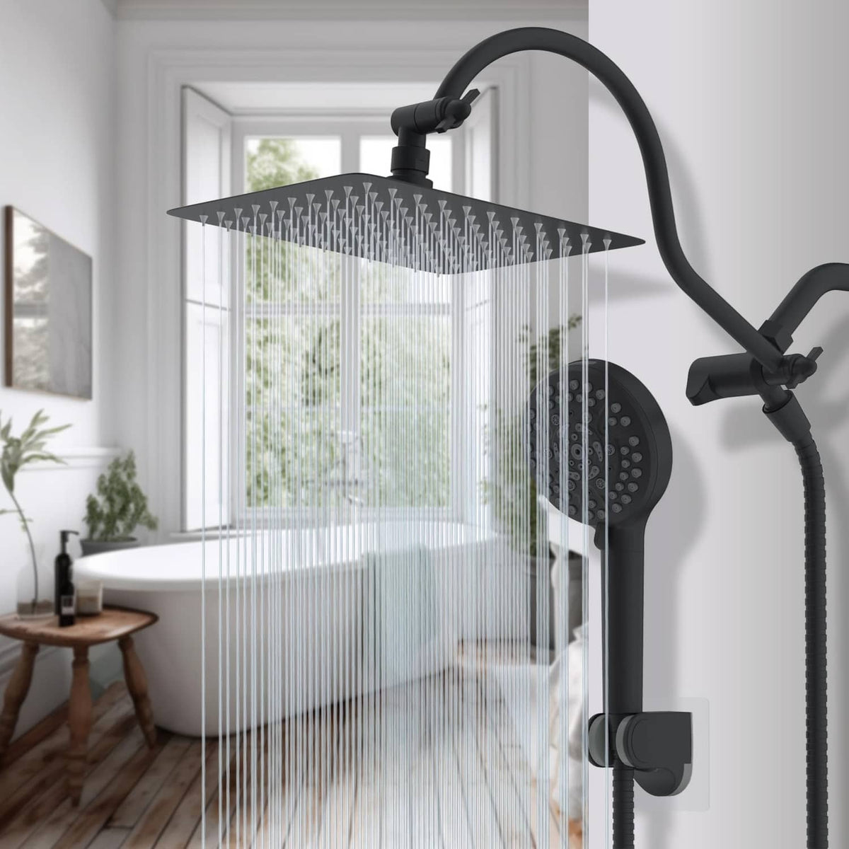 Matte black square rainfall shower head with handheld sprayer and hose connection