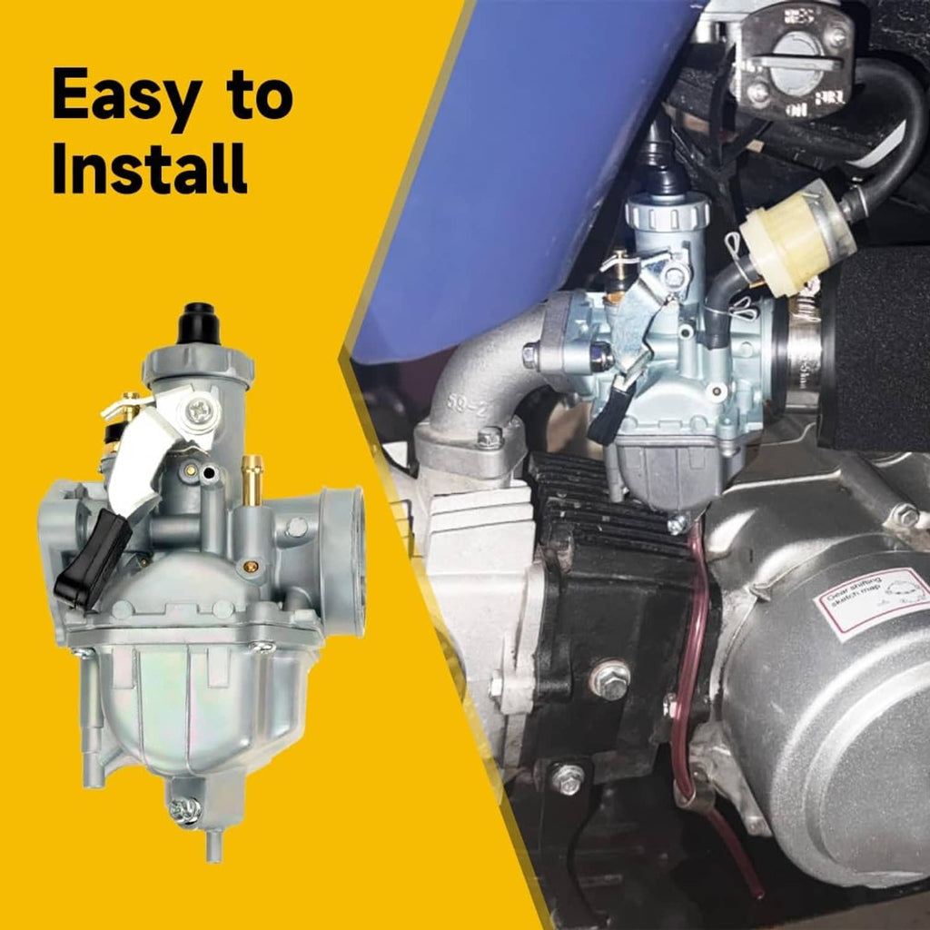 VM22 26mm carburetor installed on bike engine with hoses and foam air filter