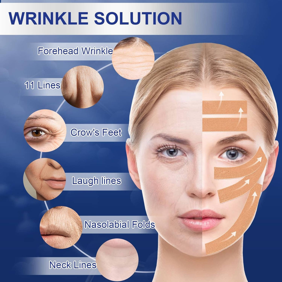 Beige face tape applied to forehead, under-eyes, and cheeks on a person