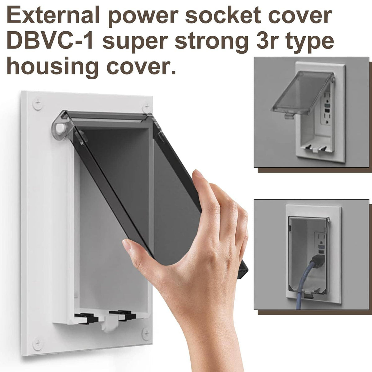 Hand opening an outdoor outlet cover with dark tinted door on wall plate
