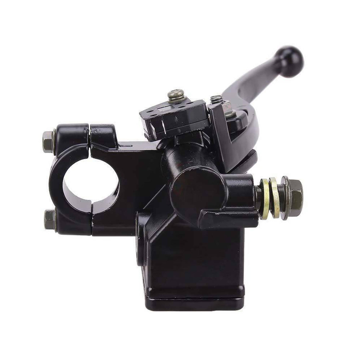 Black brake master cylinder with lever, mounting bracket, and visible spring hardware