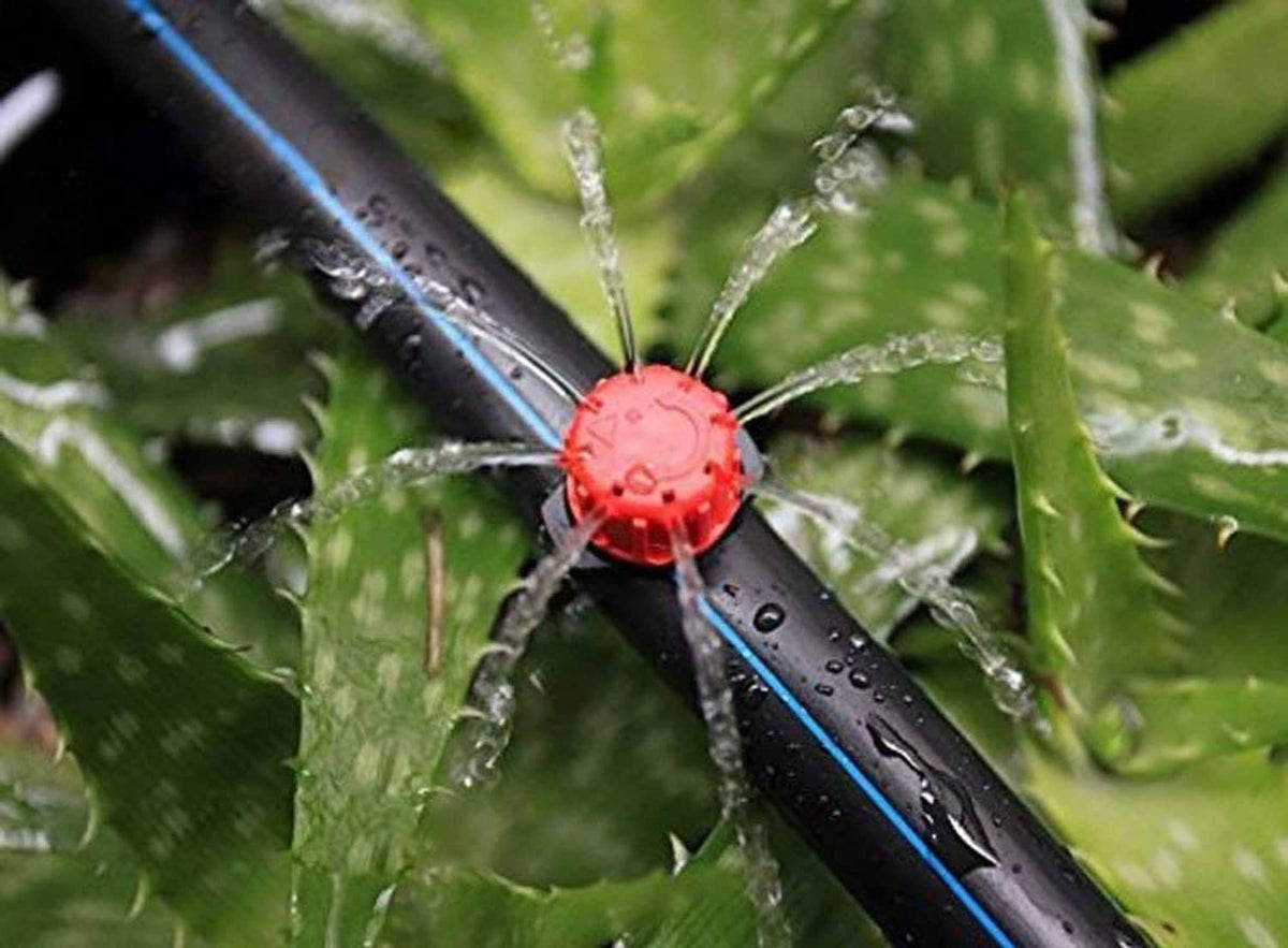 Red adjustable drip emitter on blue irrigation tubing with water spray