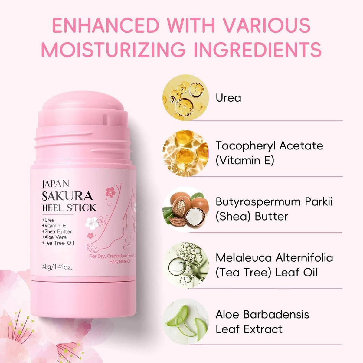 Pink Japan Sakura heel stick container with ingredient circles for moisturizing
