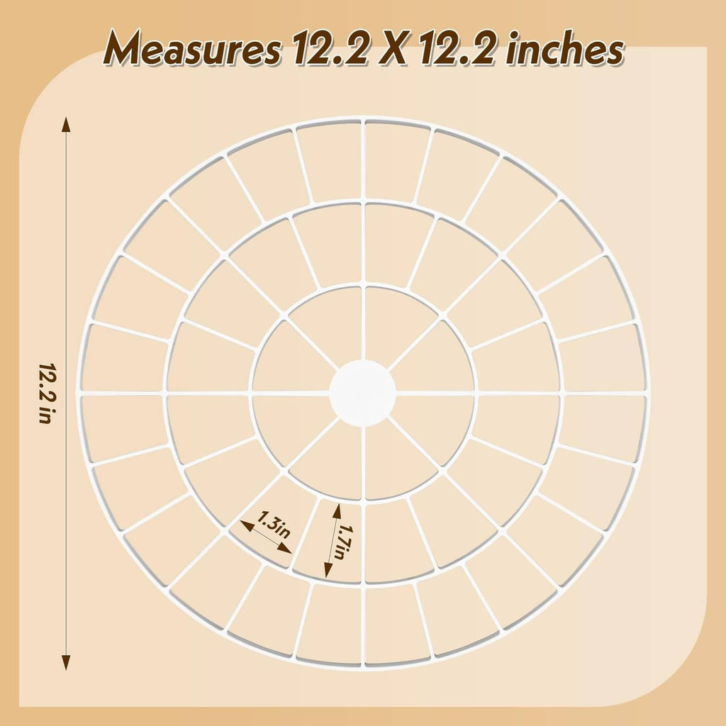 White circular egg tray template with size markings, 12.2 x 12.2 inches