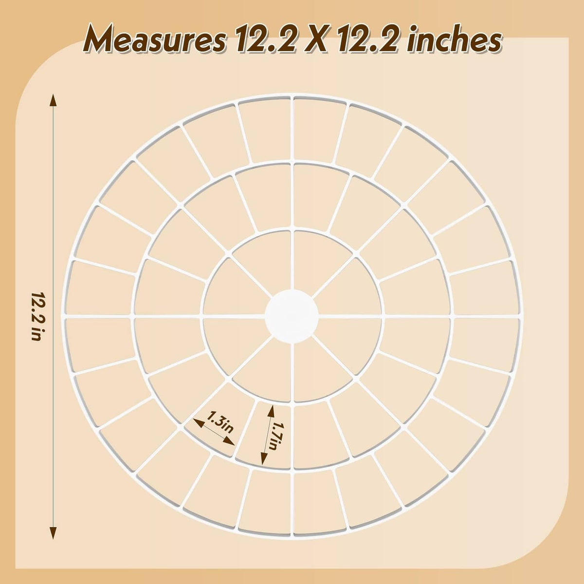 White circular egg tray template with size markings, 12.2 x 12.2 inches