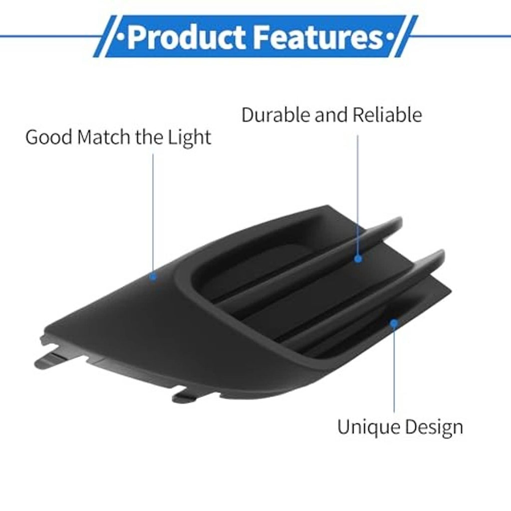 Fog light grille with unique angled frame and horizontal slats, matte black plastic.