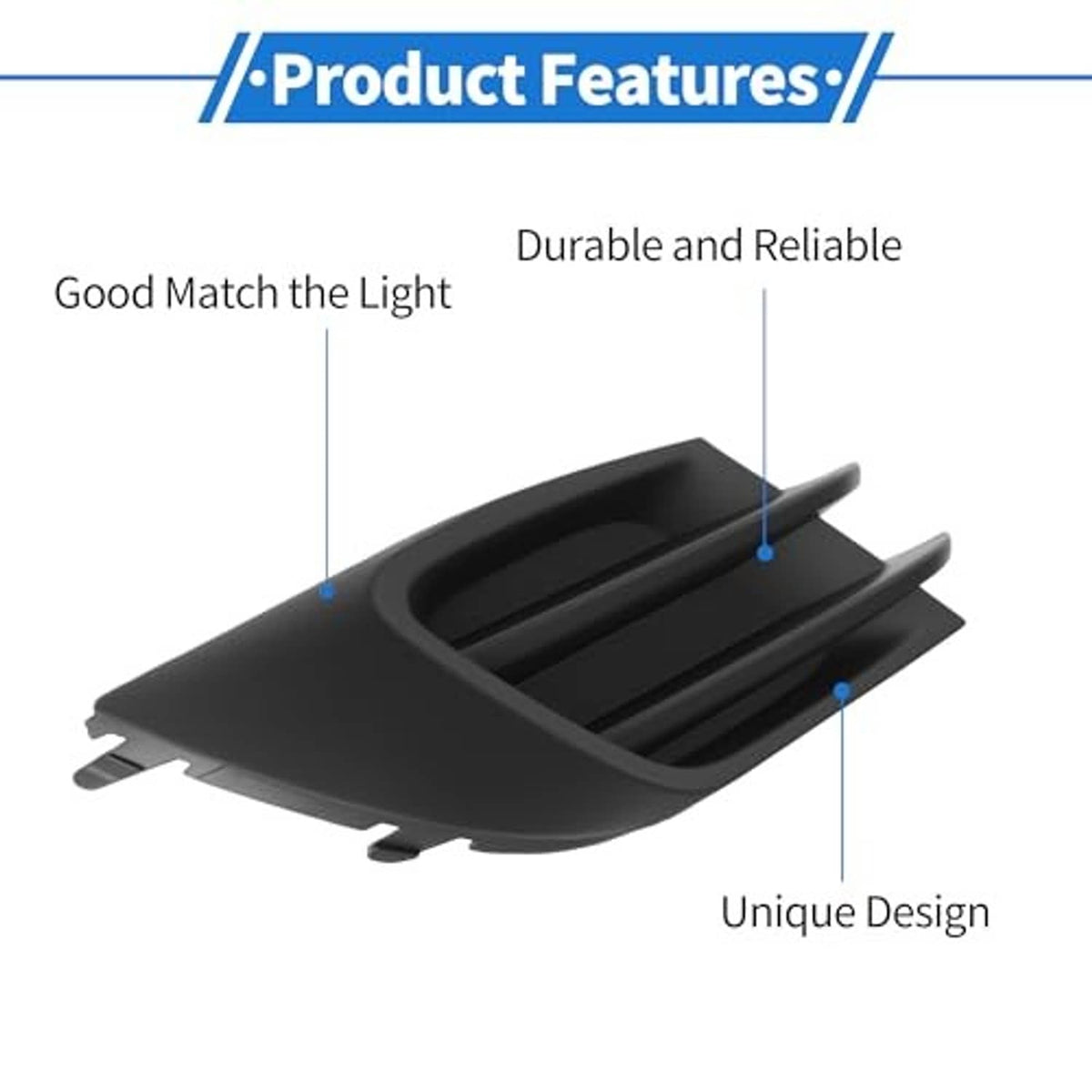 Fog light grille with unique angled frame and horizontal slats, matte black plastic.