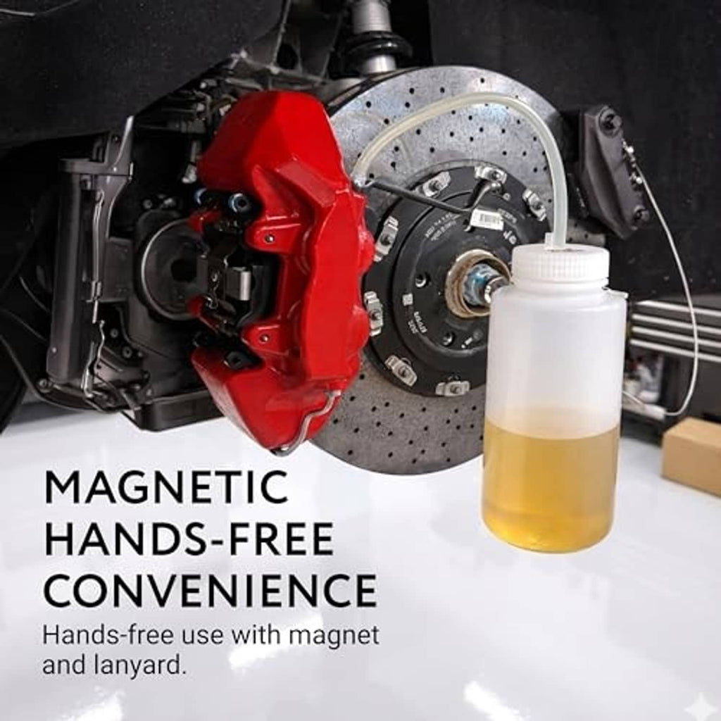Brake bleeder bottle with yellow fluid reservoir and clear tube in front of vehicle brake