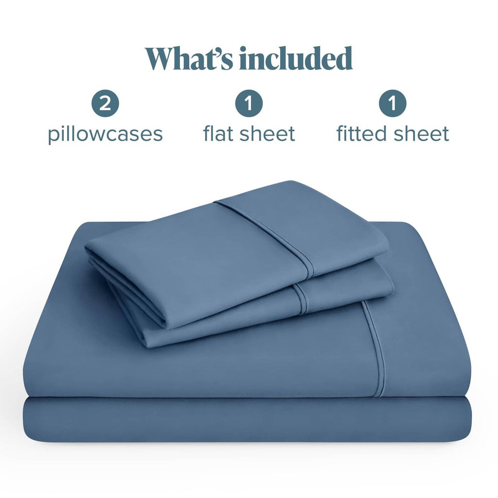 Folded blue microfiber sheet set showing included flat sheet and two pillowcases