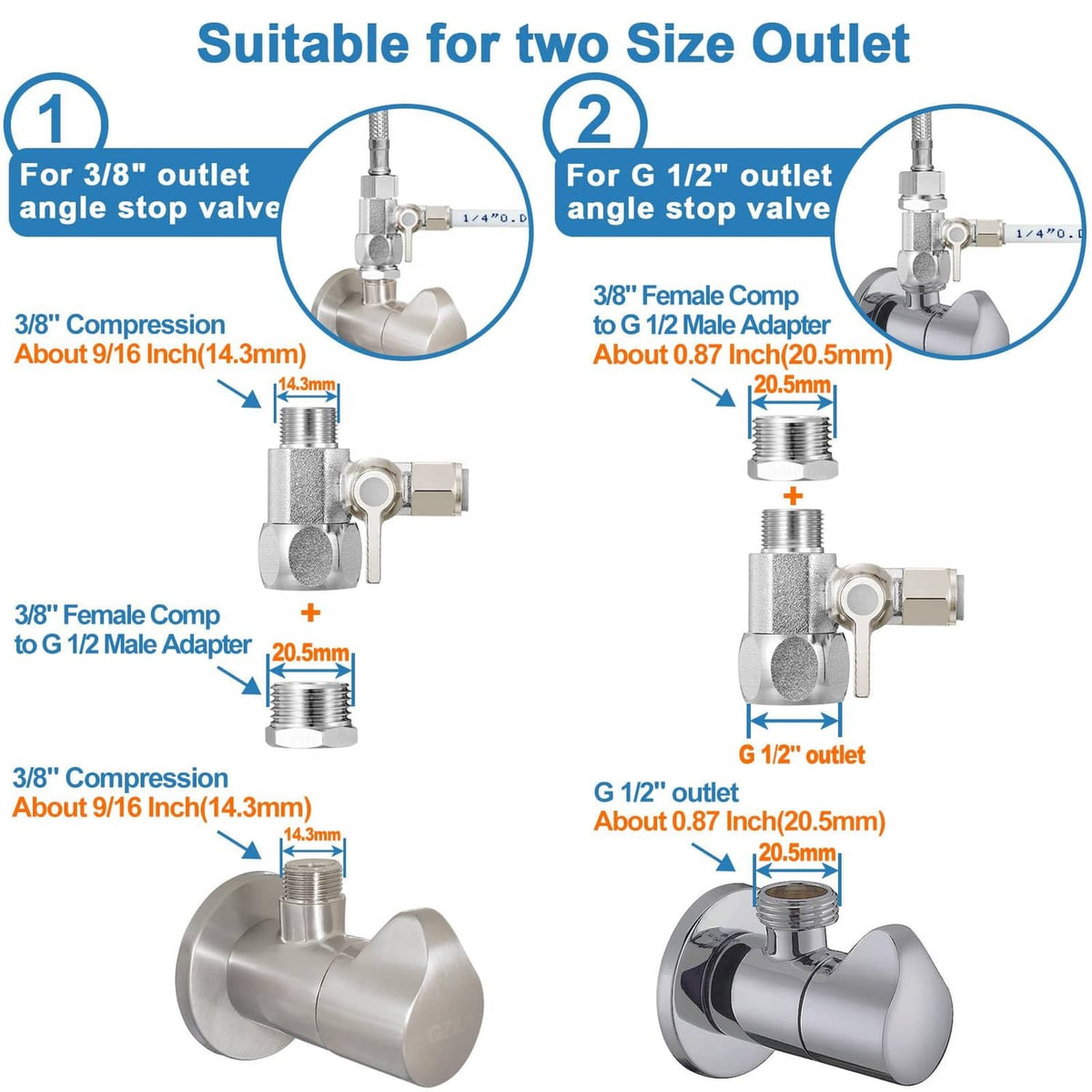 Water feed valve diagram showing use with 3/8 in outlet angle stop valves