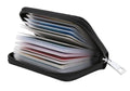Zipper leather credit card holder with card slots, open view showing many cards