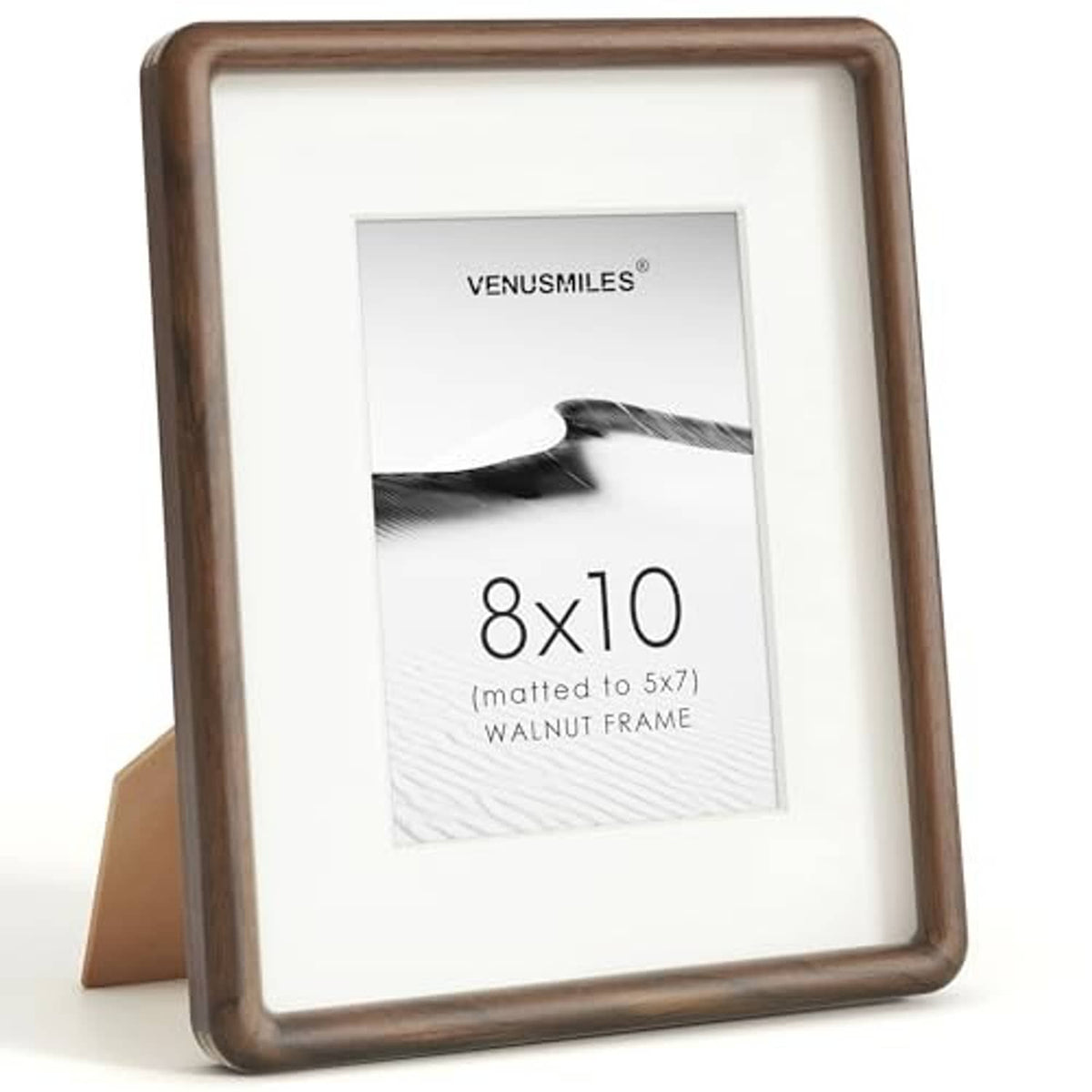 Rounded 8x10 walnut picture frame with white mat insert and clear glass