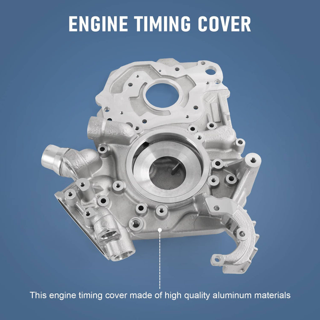 Engine timing cover, silver aluminum casting with large circular bore and side port