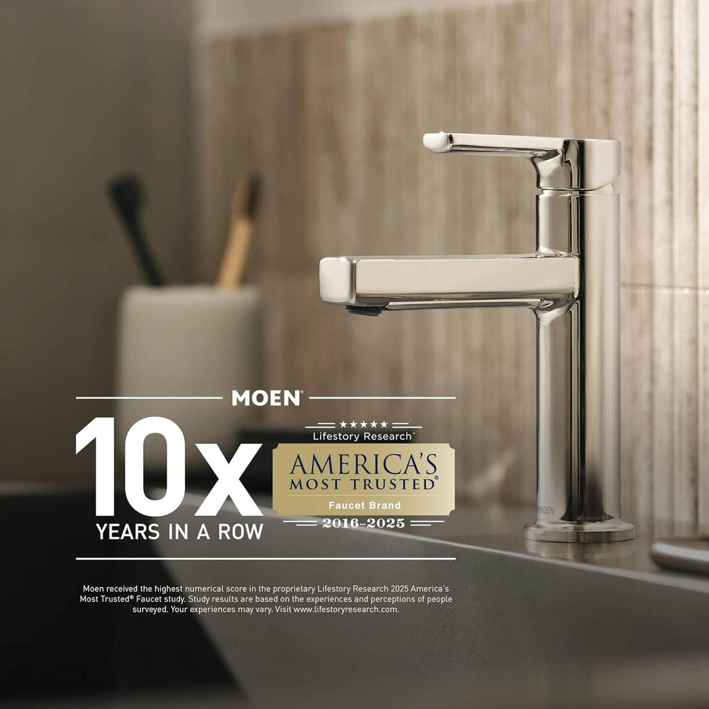 Moen promotional graphic showing faucet brand “10X Years in a Row” badge