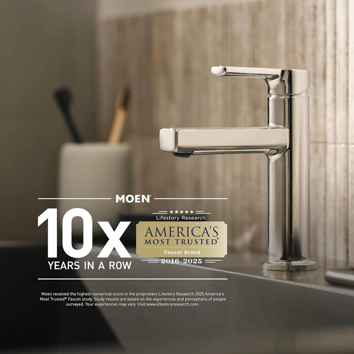 Moen promotional graphic showing faucet brand “10X Years in a Row” badge