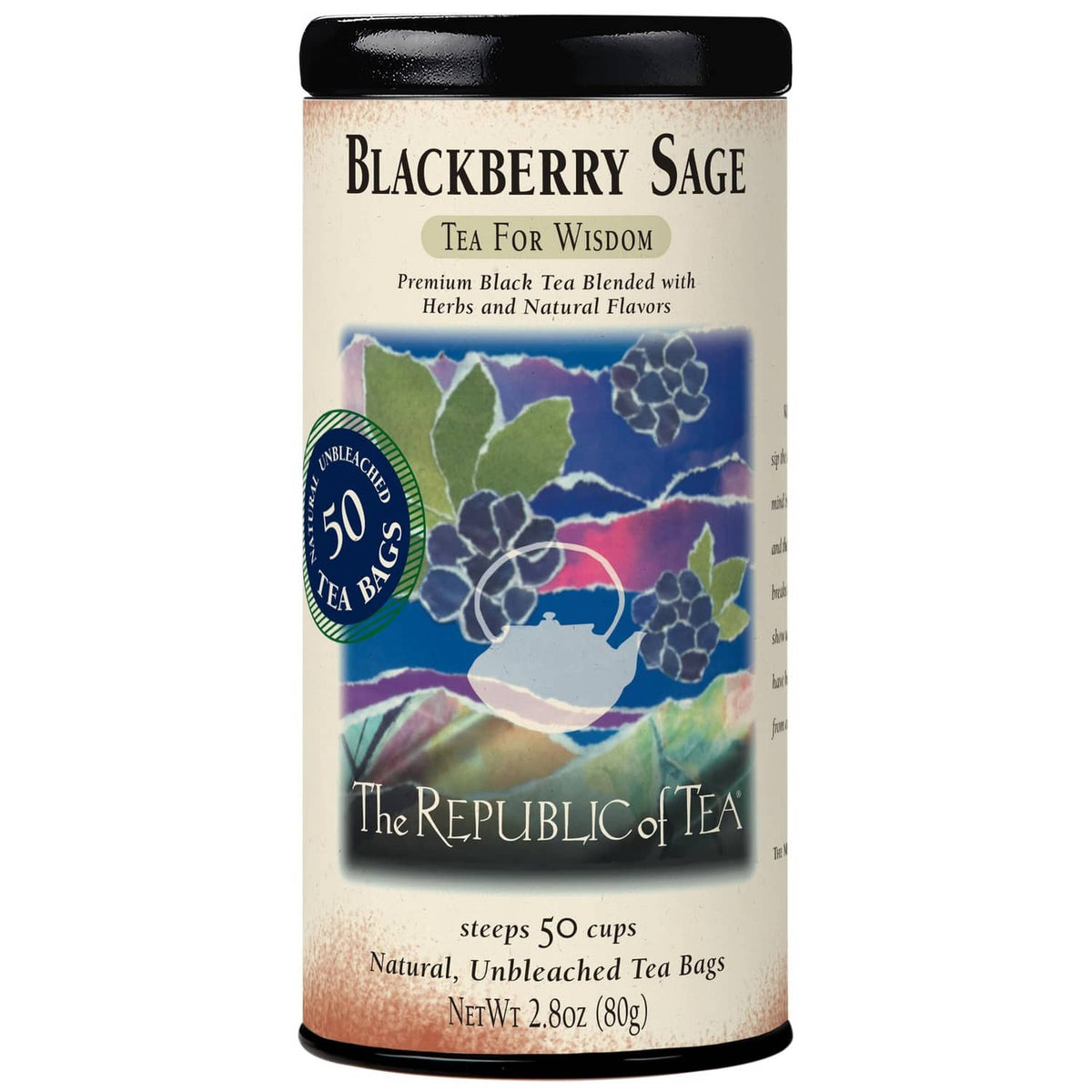 The Republic of Tea Blackberry Sage black tea canister, 50 natural unbleached tea bags