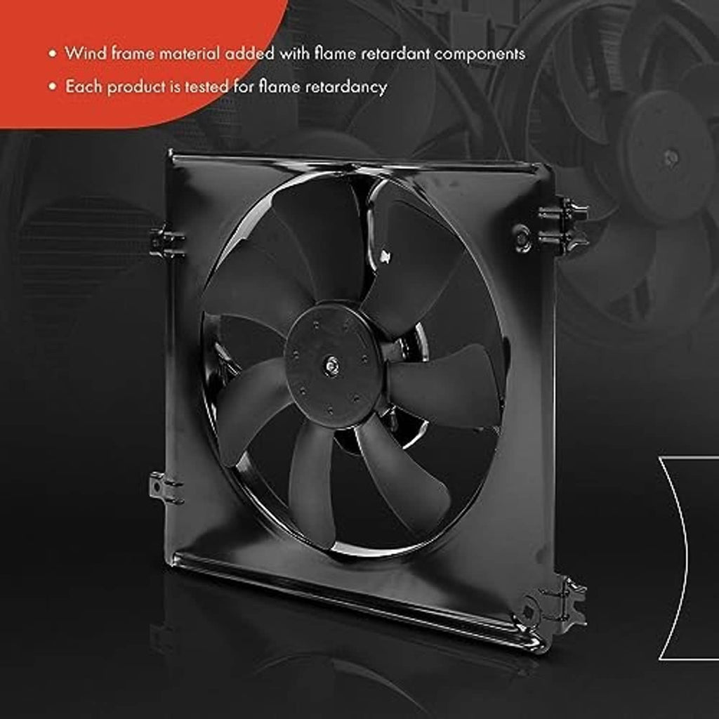 Black radiator cooling fan assembly with five-blade fan and mounting hardware