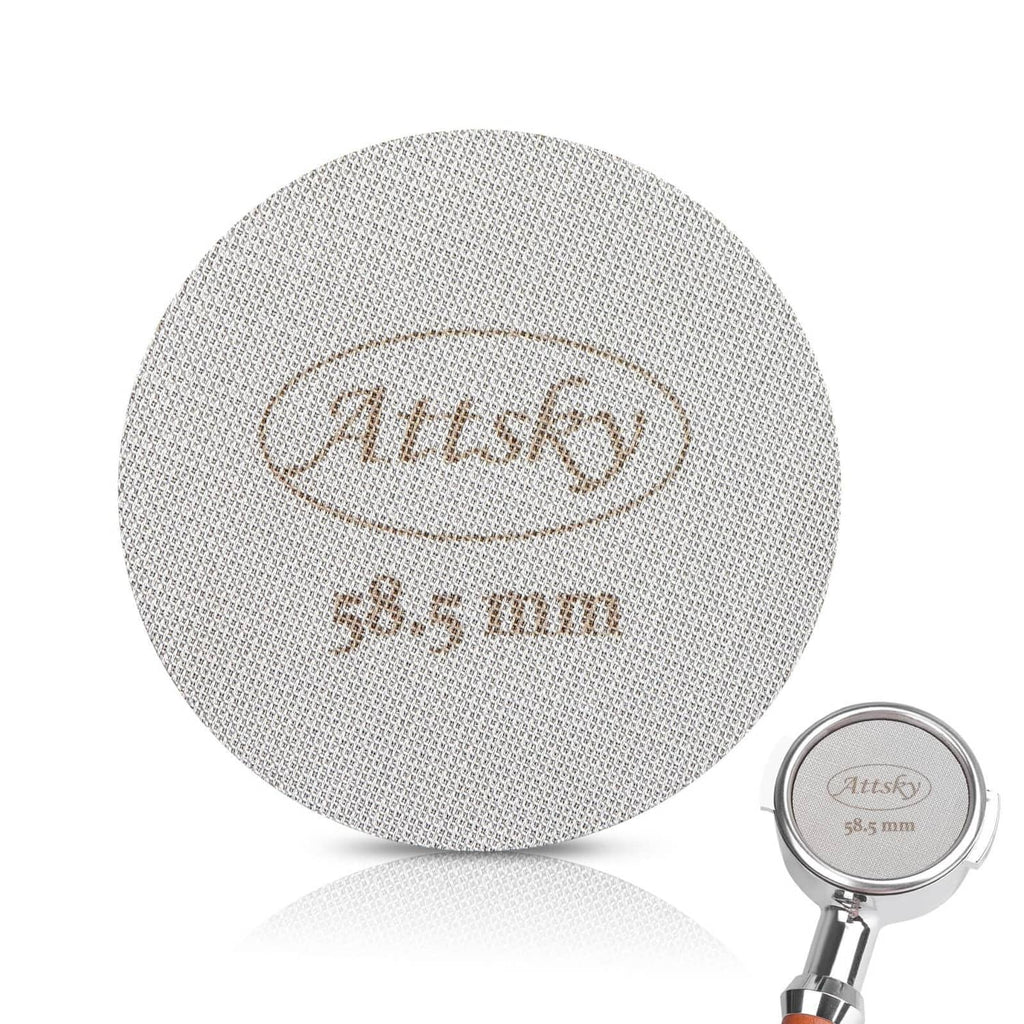 Round stainless steel espresso puck screen, fine mesh, 58.5 mm, with handle