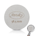 Round stainless steel espresso puck screen, fine mesh, 58.5 mm, with handle