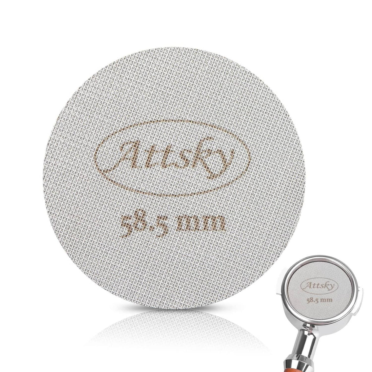 Round stainless steel espresso puck screen, fine mesh, 58.5 mm, with handle