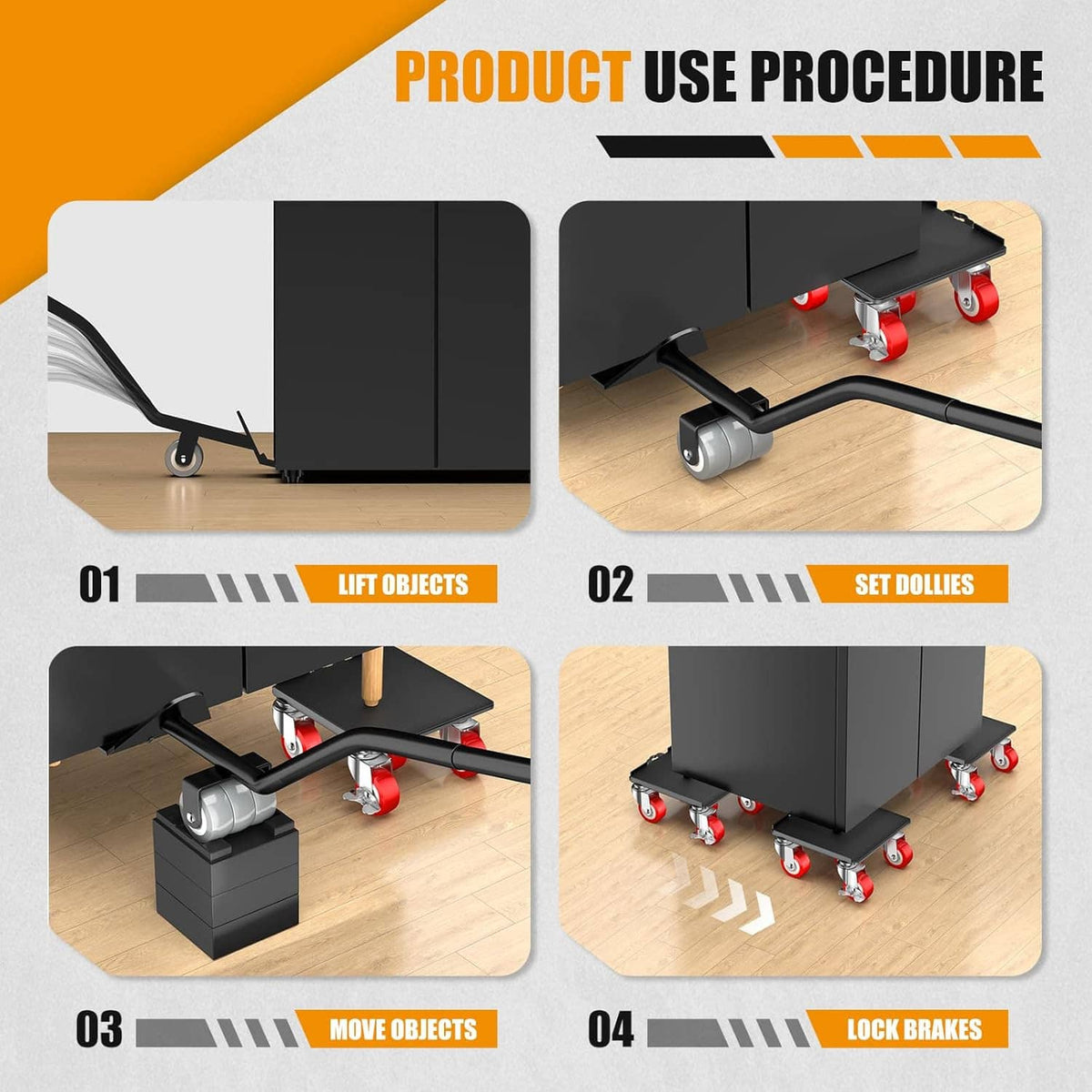 Heavy duty furniture dolly with black base and red casters, included moving accessories