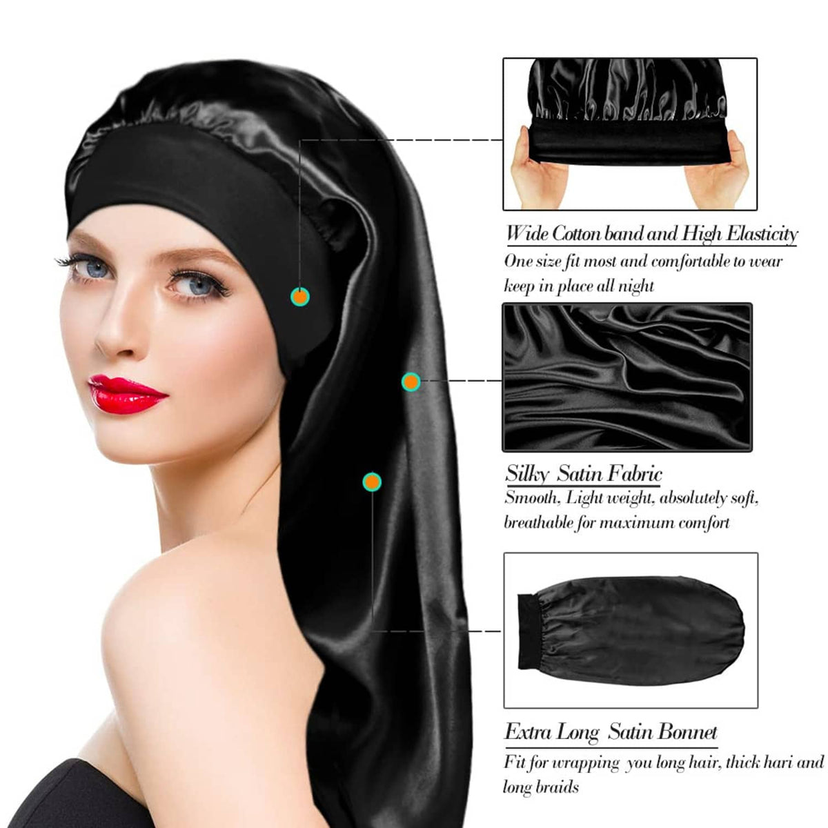 Black satin sleep bonnet with wide elastic band, smooth hood style